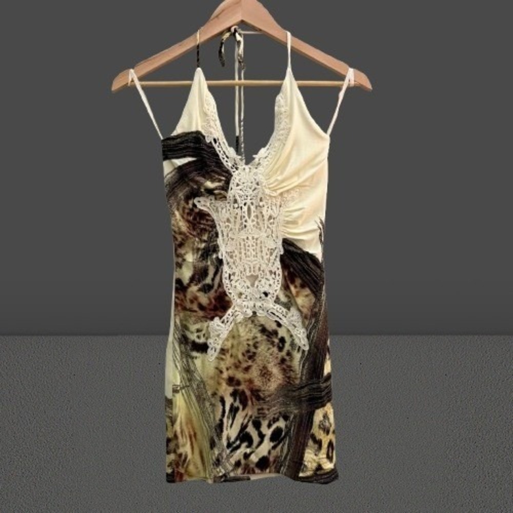 NEW Sky Halter Mini Dress Leopard Animal Print Crochet Lace V-Neck XS